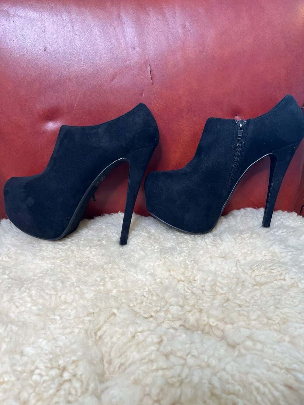 Black Faux Suede Platform Stiletto Ankle Boots Y2K Peep Toe Party Heels